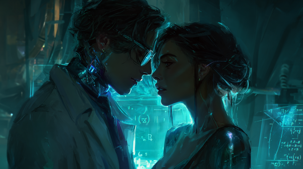 u6945813236 two scientists in futuristic lab close romantic m 0236fd32 46f7 44fe a583 31dd260d9509 0